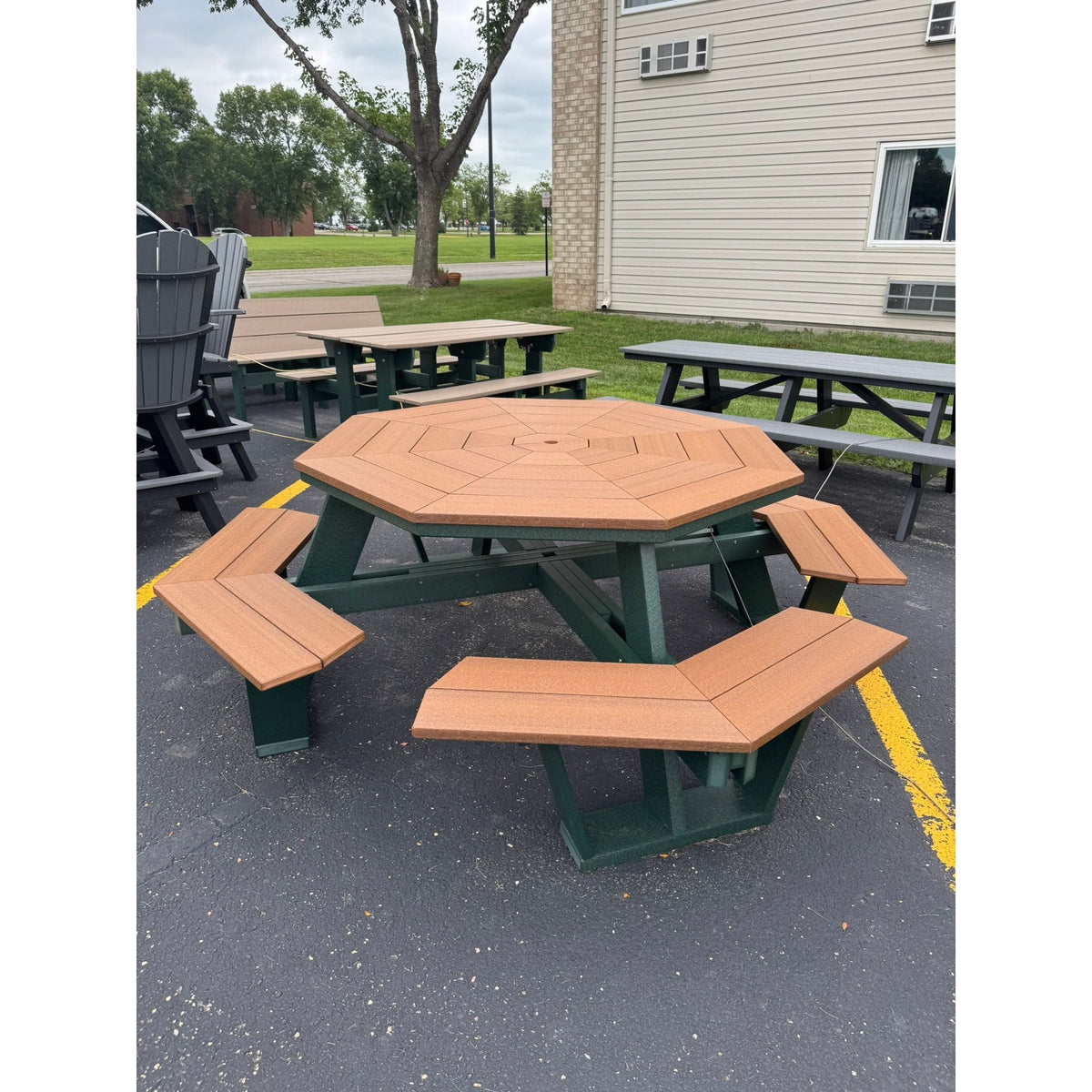 Poly picnic table with attached benches in weatherwood, outdoor Amish built - Salt and Sand Patio Co