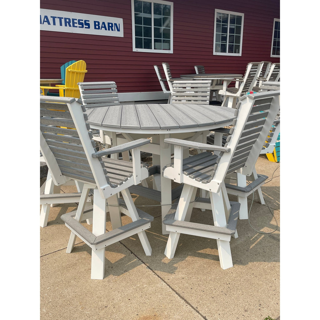 60" Round Bar Table with 6 Rollback Swivel Bar Chairs in White/Driftwood Gray