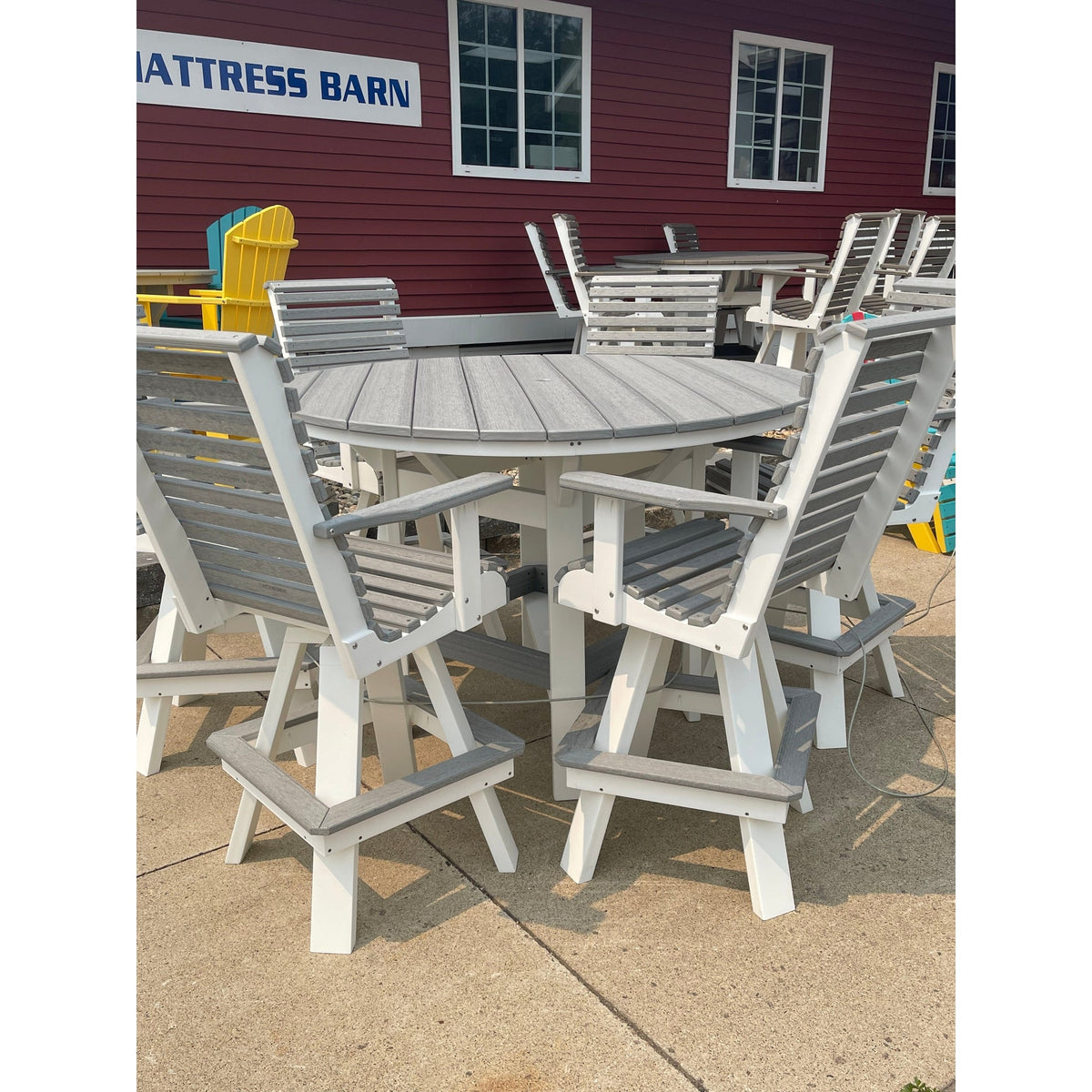 60" Round Bar Table with 6 Rollback Swivel Bar Chairs in White/Driftwood Gray