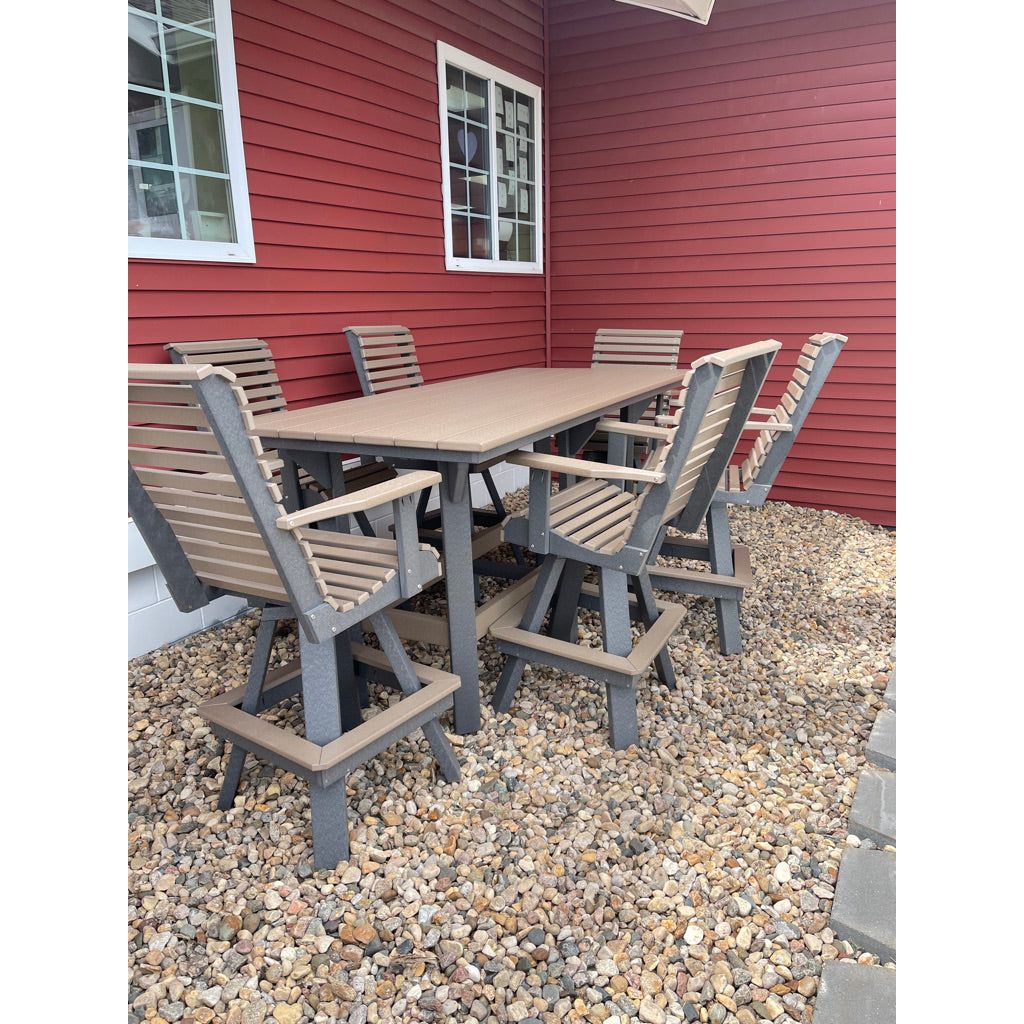 Outdoor high top table and chairs, 7ft poly rectangle set with 6 swivel chairs - Salt and Sand Patio Co