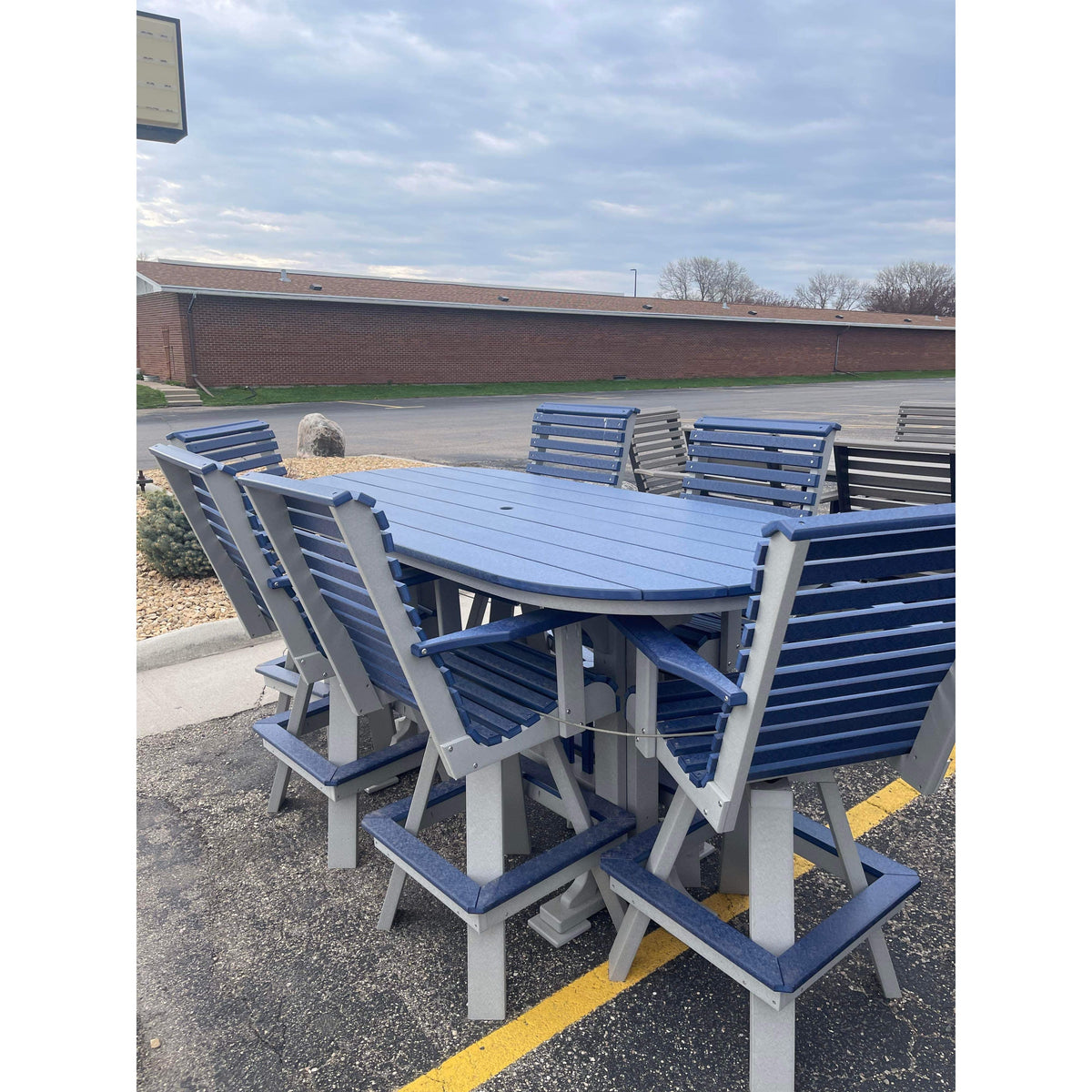 7' Oval Bar Table with 6 Rollback Swivel Bar Chairs in Dove Gray/Patriot