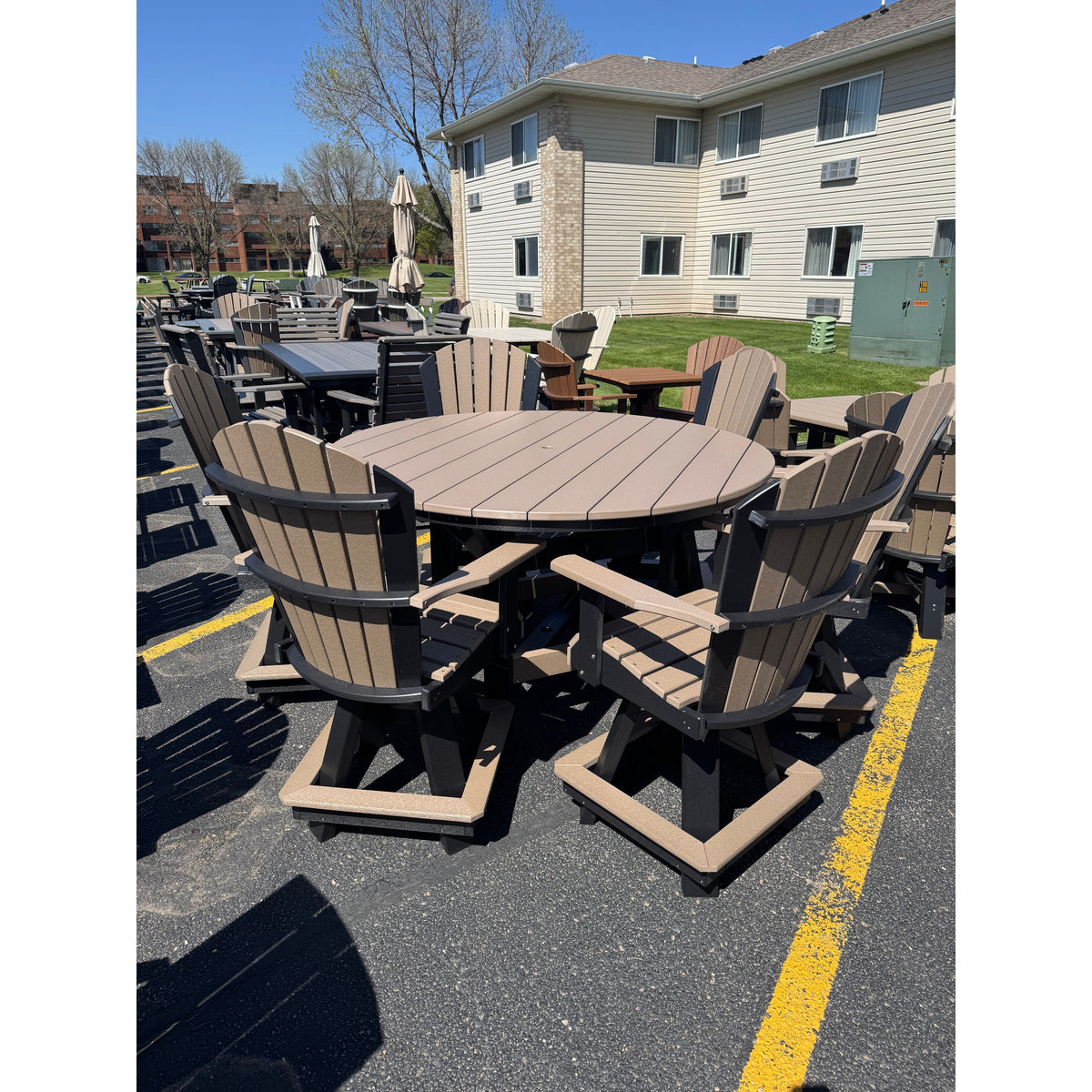 60" Round Counter Table with 6 Classic Swivel Counter Chairs in Black and Weatherwood