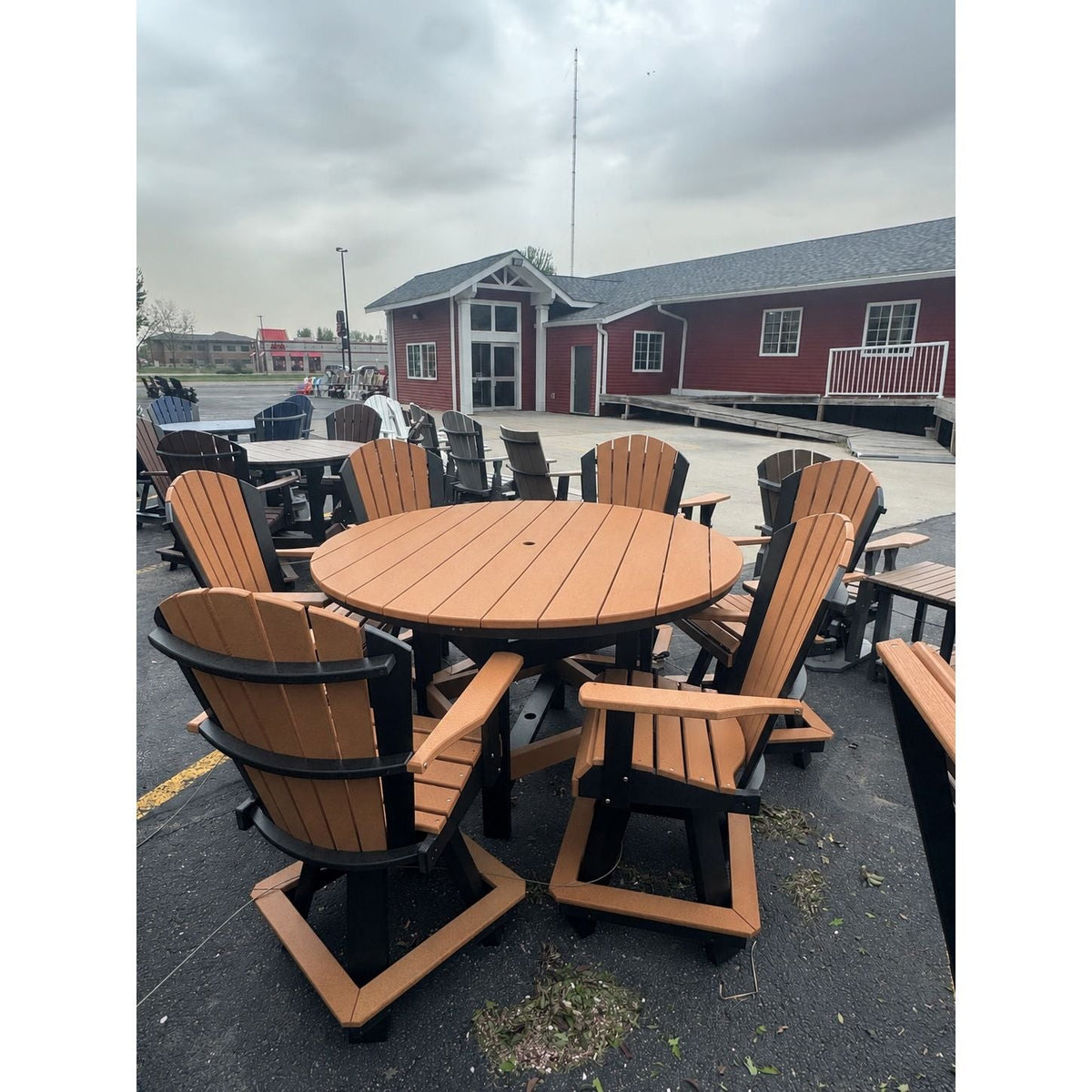 60" Round Counter Table with 6 Classic Swivel Counter Chairs in Black and Cedar
