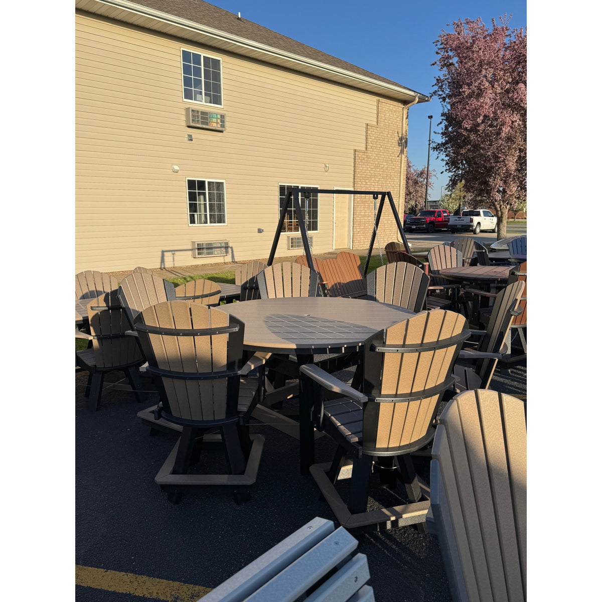 60" Round Counter Table with 6 Classic Swivel Counter Chairs in Black and Weatherwood