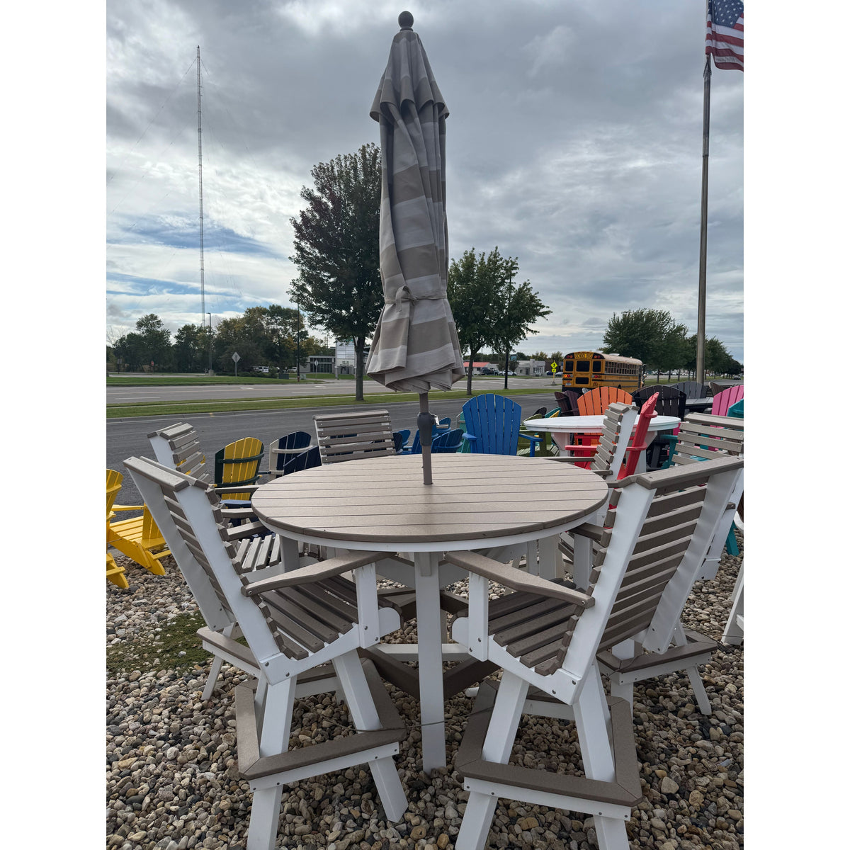 60" Round Bar Table with 6 Rollback Swivel Chairs in White and Weatherwood