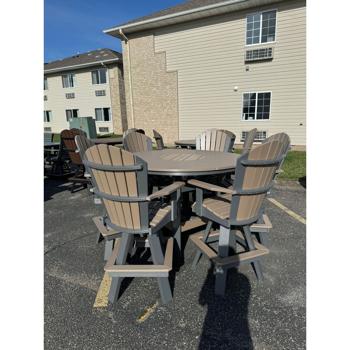 60" Round Bar Table with 6 Classic Swivel Chairs in Dark Gray and Weatherwood