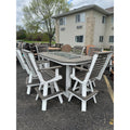 6' Fire Table with 6 Rollback Swivel Bar Chairs in White and Coastal Gray