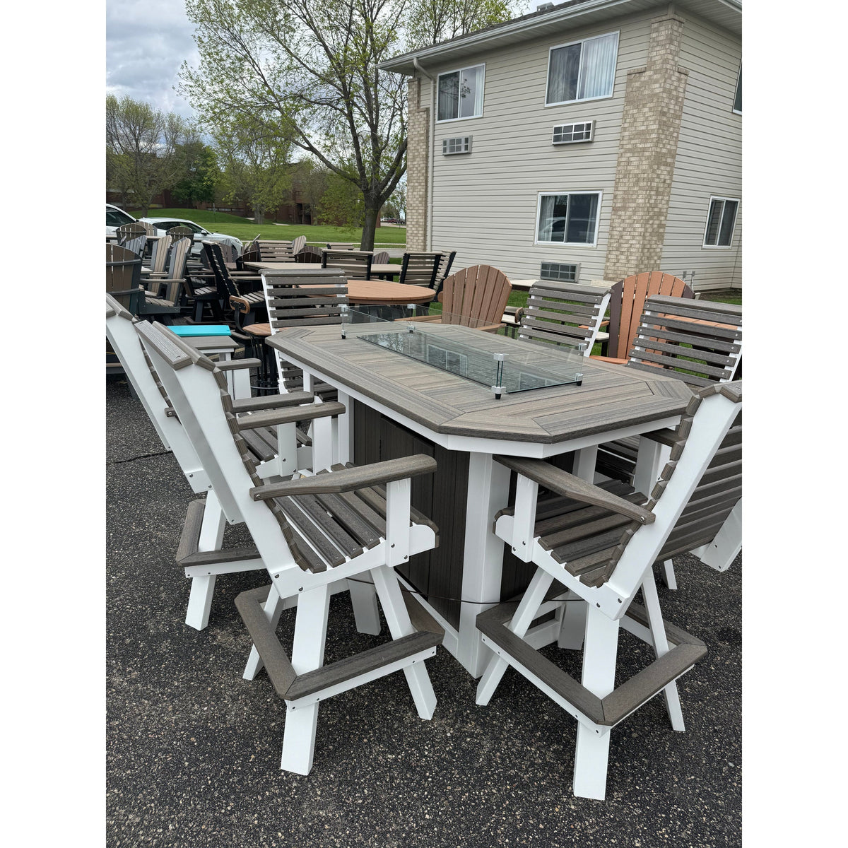 6' Fire Table with 6 Rollback Swivel Bar Chairs in White and Coastal Gray