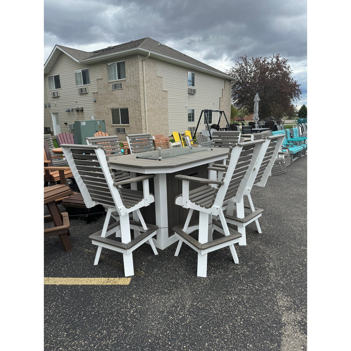 6' Fire Table with 4 Rollback and 2 Stationary Chairs in White & Coastal Gray Wood Grain