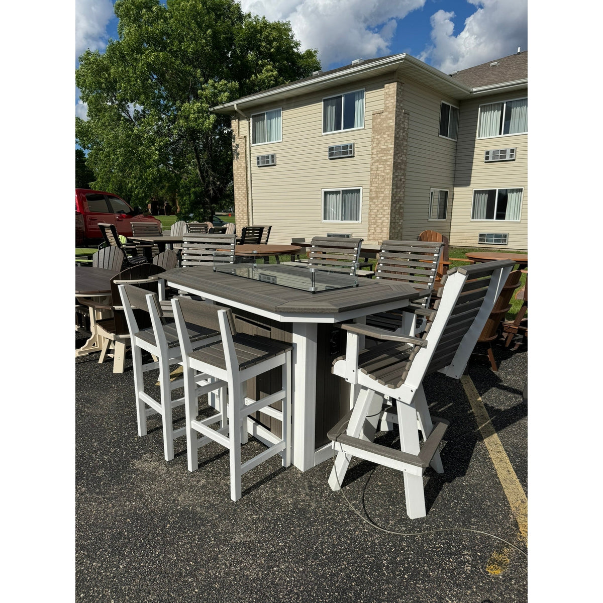 6' Fire Table with 4 Rollback and 2 Stationary Chairs in White & Coastal Gray Wood Grain