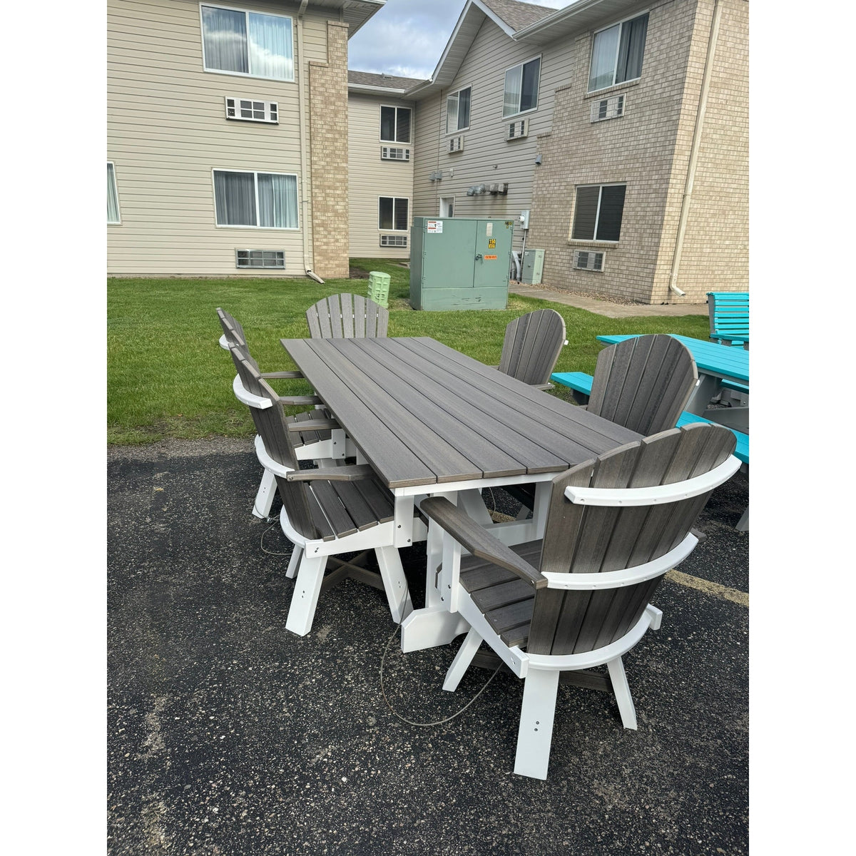 8' Dining Table with 6 Classic Swivel Dining Chairs in White & Coastal Gray Wood Grain