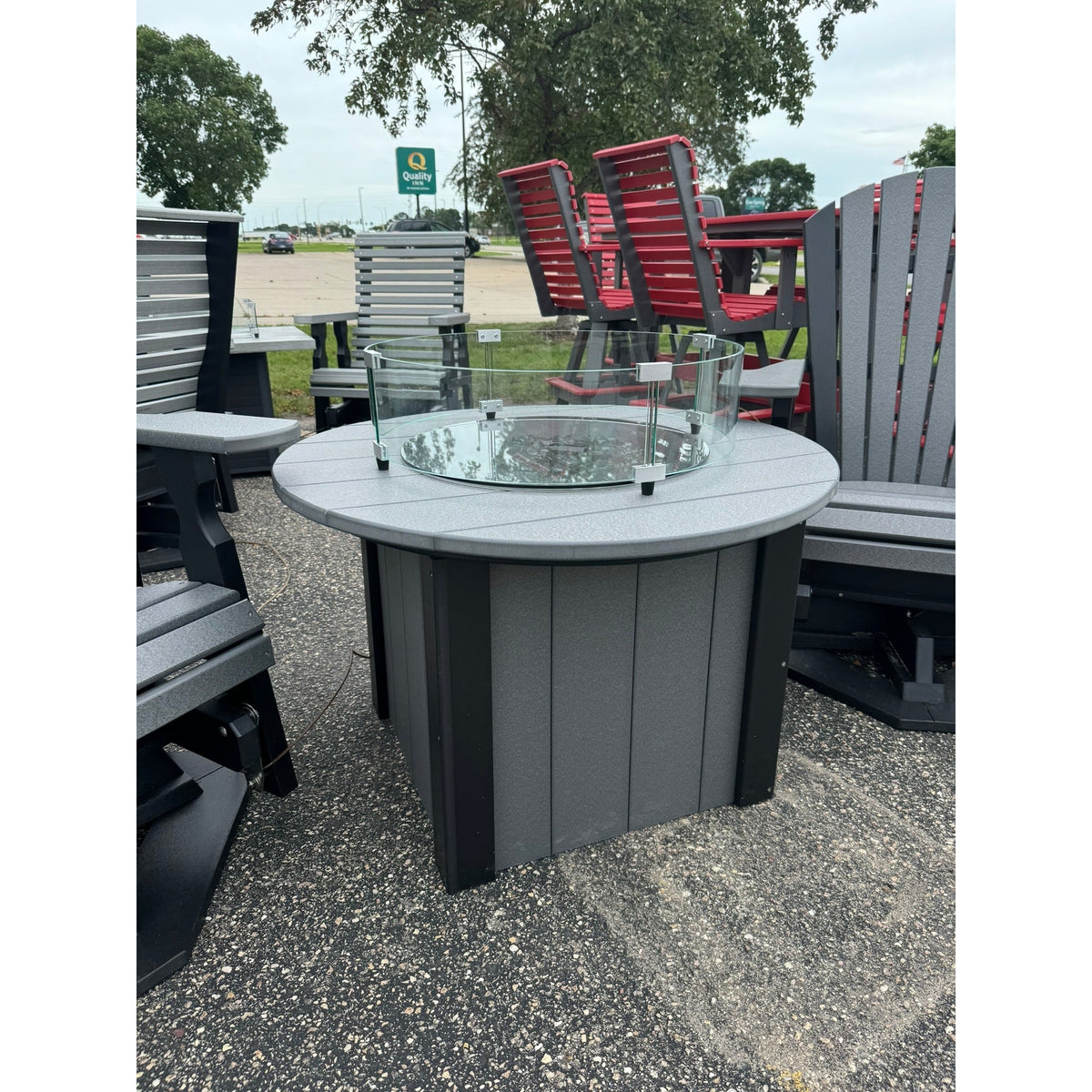 34" Round Fire Pit with 2 Classic Swivel Gliders in Black and Dark Gray