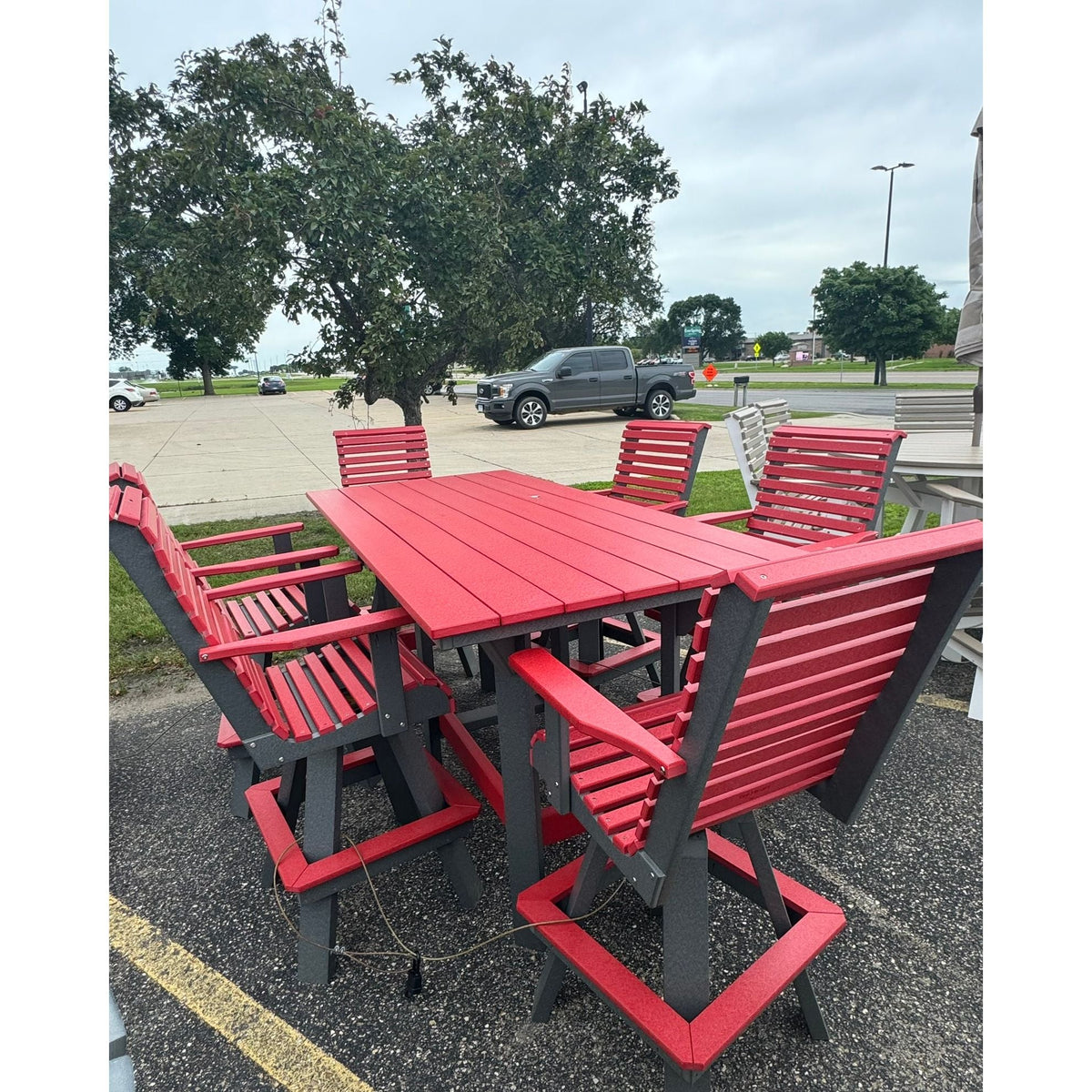 7' Bar Table with 6 Rollback Swivel Bar Chairs in Dark Gray and Cardinal