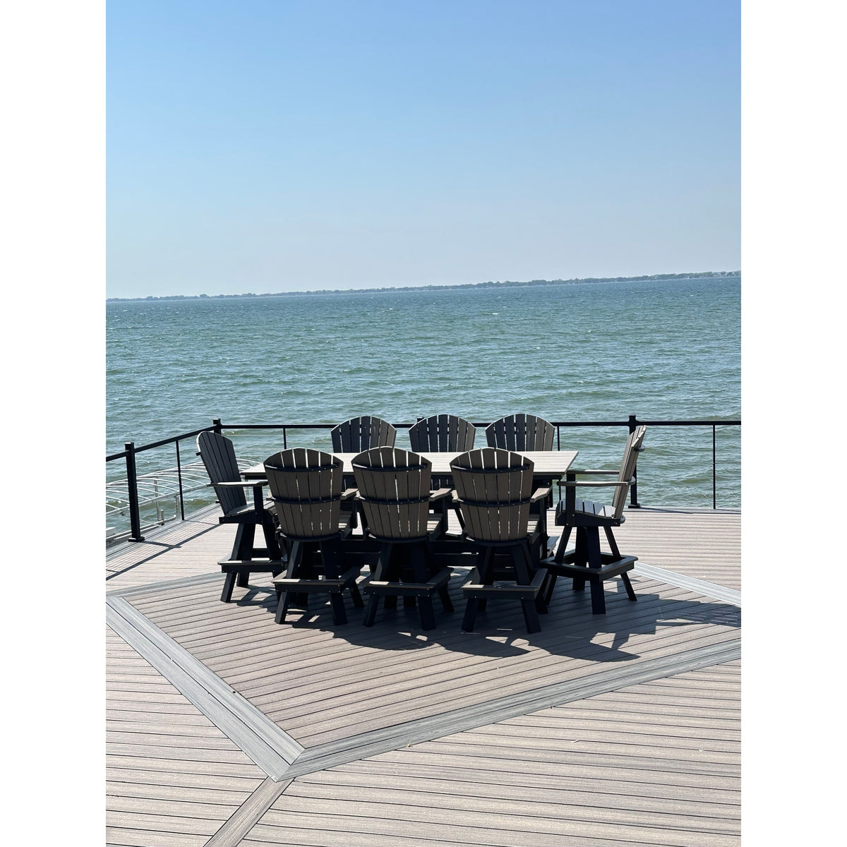 8' Bar Table with 8 Classic Swivel Bar Chairs in Black and Coastal Gray (Wood Grain)
