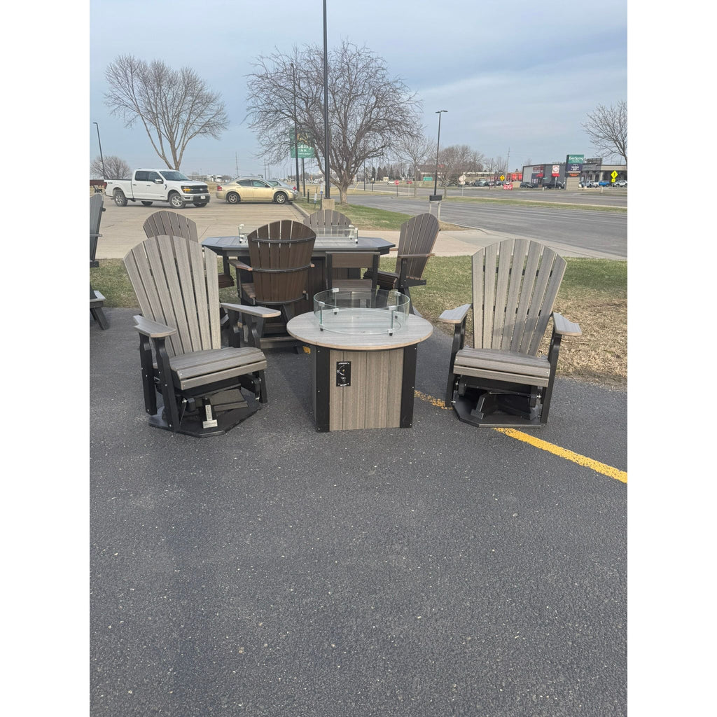 34" Round Fire Pit with 2 Classic Swivel Gliders in Black and Coastal Gray