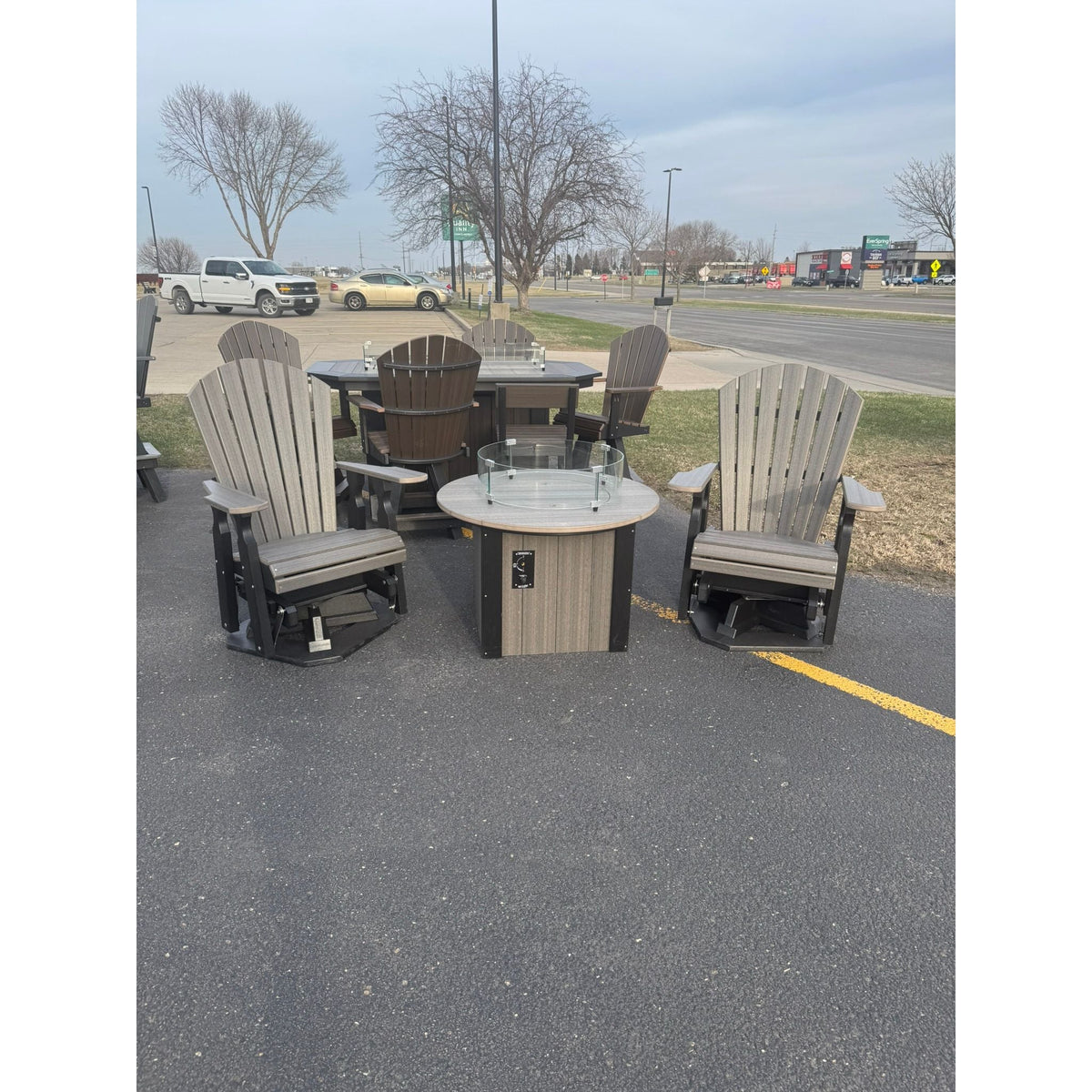 34" Round Fire Pit with 2 Classic Swivel Gliders in Black and Coastal Gray