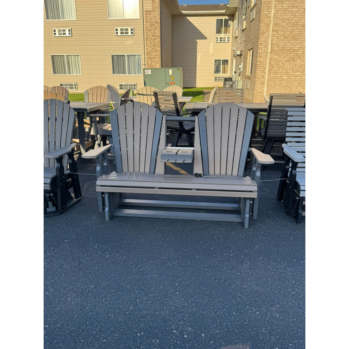 Classic 5' Glider with flip down console in Dark Gray & Weatherwood