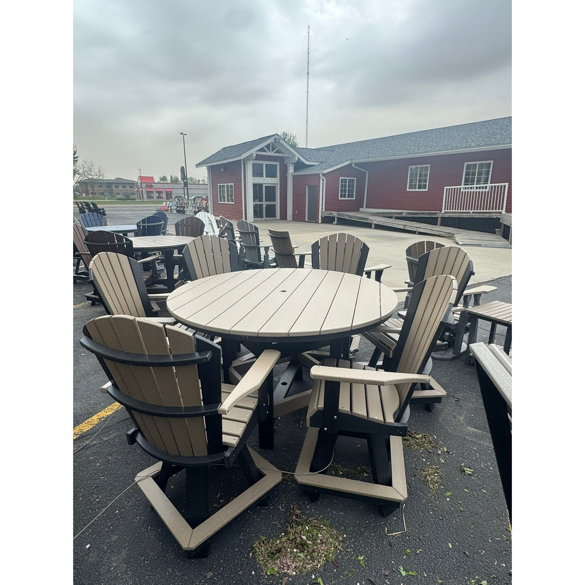 60" Round Counter Table with 6 Classic Swivel Counter Chairs in Black and Weatherwood