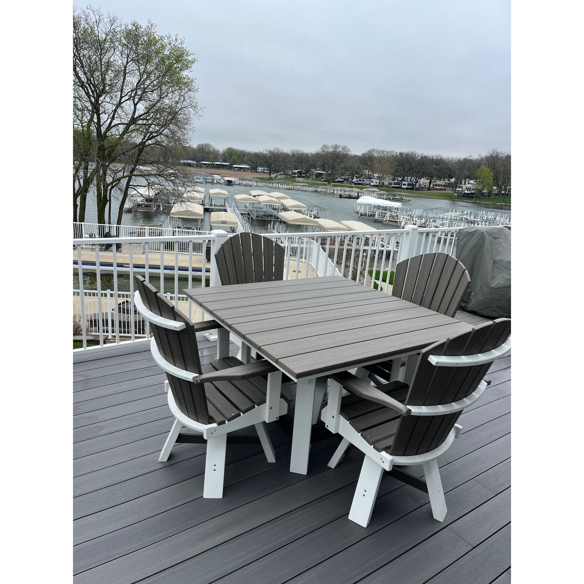 48" Square Dining Table with 4 Classic Swivel Dining Chairs in White & Coastal Gray (Wood Grain)