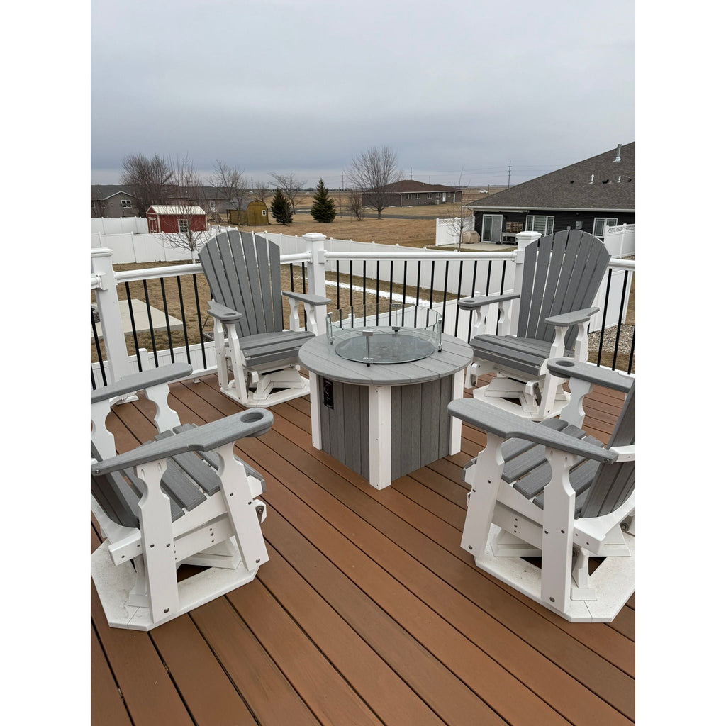 34" Round Fire Pit with 2 Classic Swivel Gliders in White & Driftwood Gray