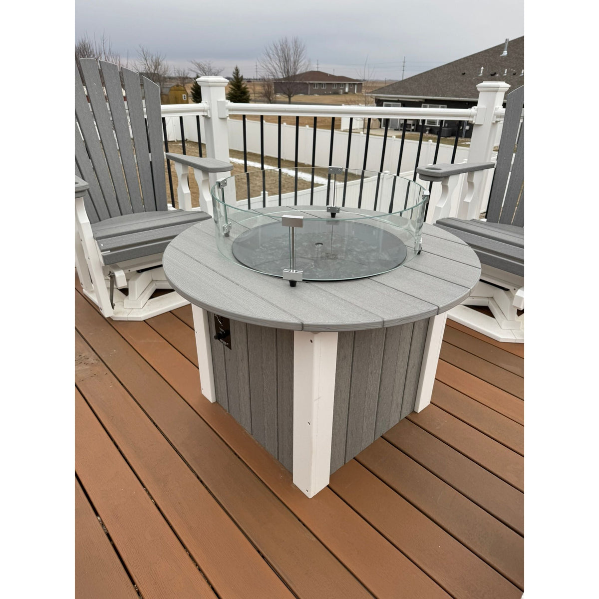 34" Round Fire Pit with 4 Classic Swivel Gliders in White & Driftwood Gray