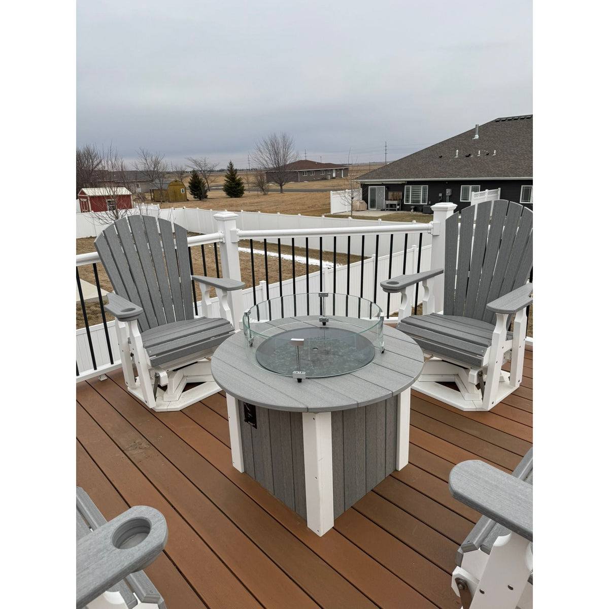 34" Round Fire Pit with 2 Classic Swivel Gliders in White & Driftwood Gray