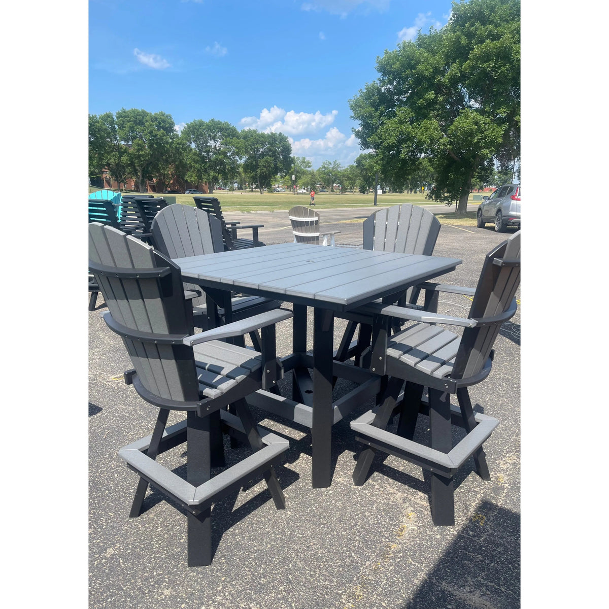 Bar height outdoor table and chairs, 48in square poly table with 4 swivel chairs - Salt and Sand Patio Co