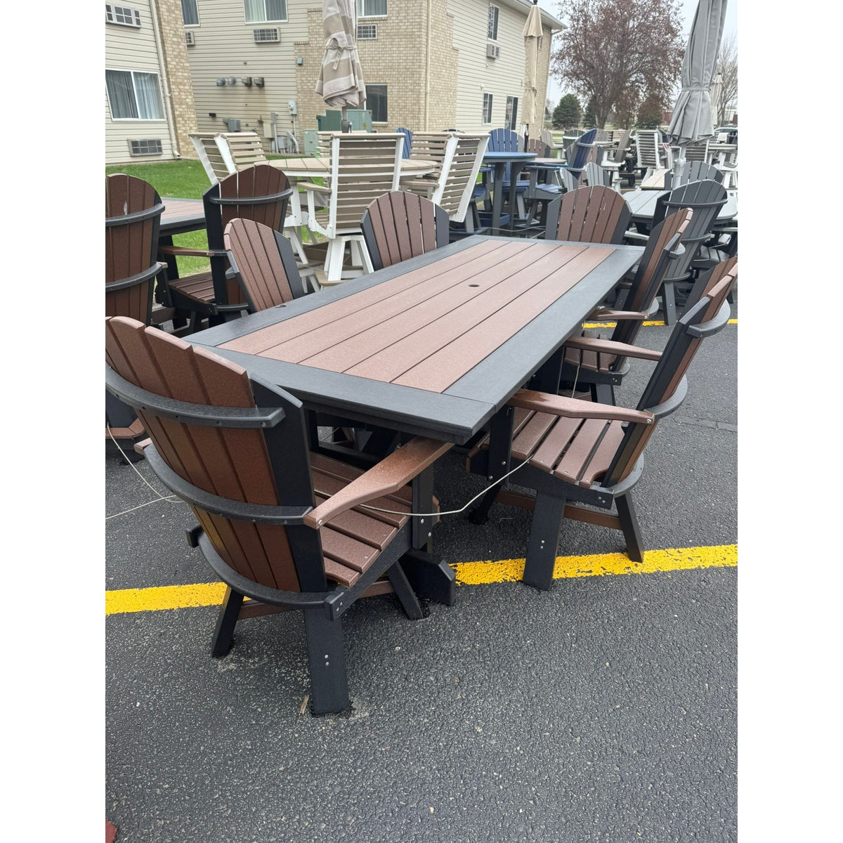 8' Dining Table with 6 Classic Swivel Dining Chairs in Black and Brown