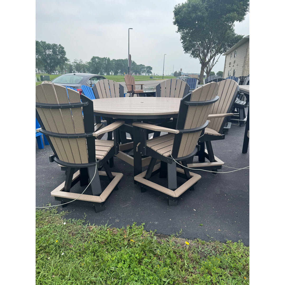 60" Round Counter Table with 6 Classic Swivel Counter Chairs in Black and Weatherwood