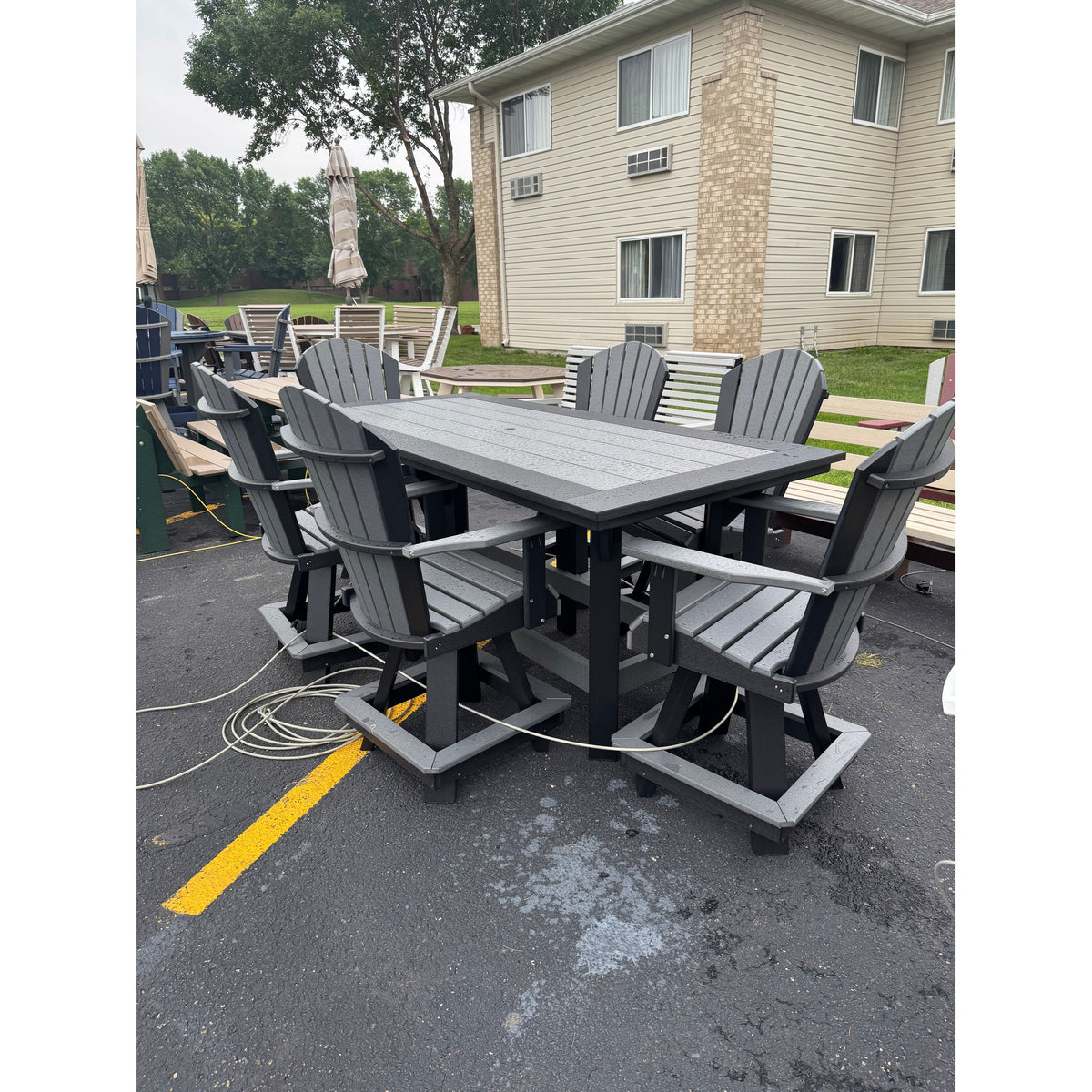7' Counter Table with 6 Classic Swivel Counter Chairs in Black and Dark Gray