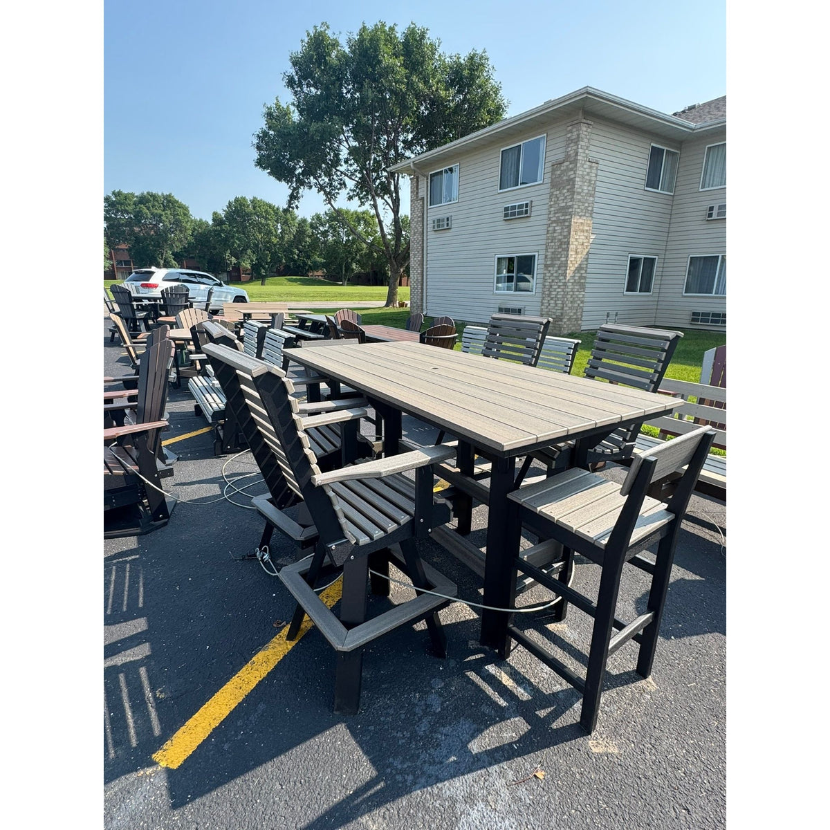 7' Bar Table with 4 Rollback Chairs and 2 stationary chairs in Black and Coastal Gray