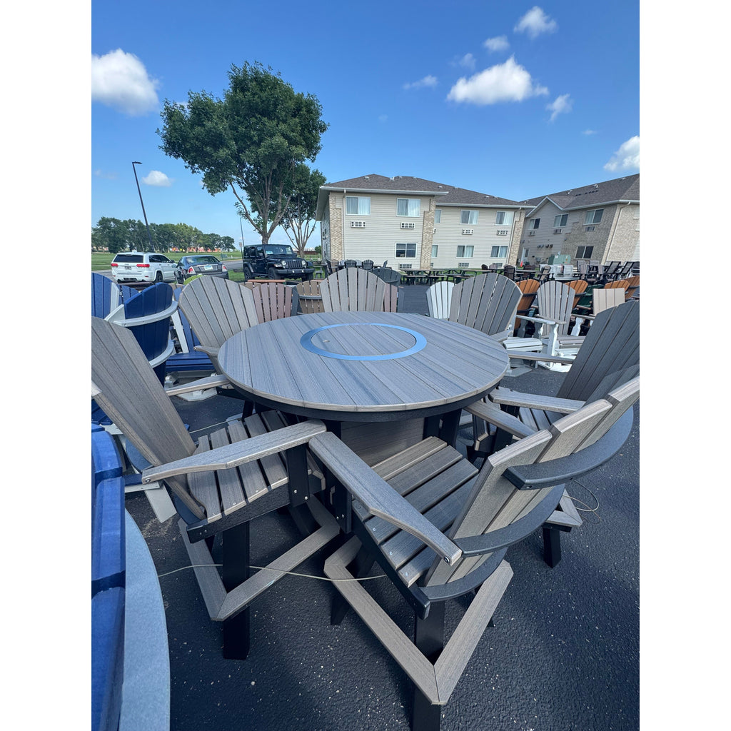 Round poly fire pit table with 5 swivel bar chairs and propane cabinet, 54in - Salt and Sand Patio Co