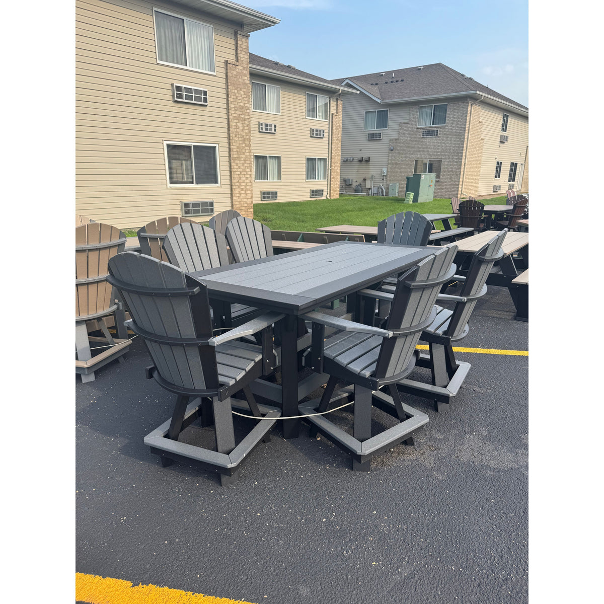 7' Counter Table with 6 Classic Swivel Counter Chairs in Black and Dark Gray