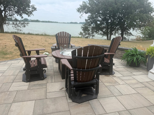 Outdoor swivel glider chairs around a 43in round poly fire pit table - Salt and Sand Patio Co