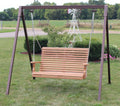 Creekside 4-foot wooden rollback porch swing hanging on a brown powder-coated metal A-frame stand.
